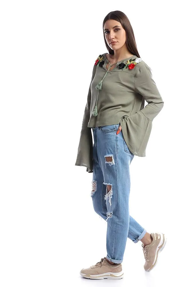 47525 Loose Floral Olive Blouse