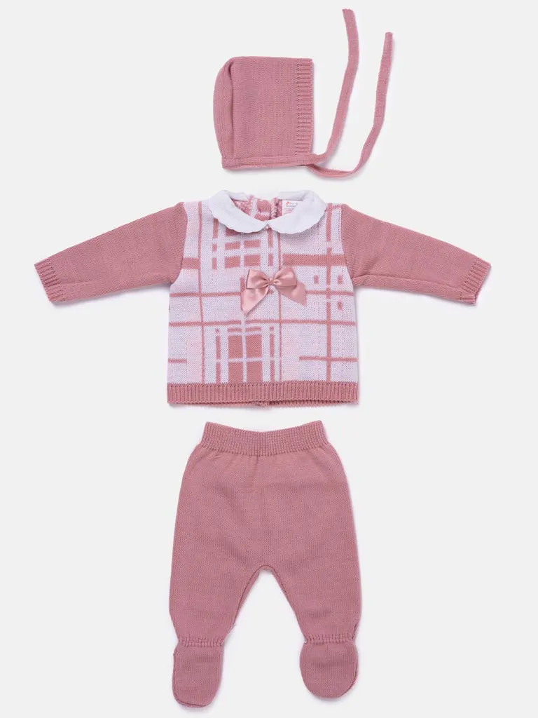 Baby Girl 3-piece Check Knit Gift Box Set - Dusty Pink