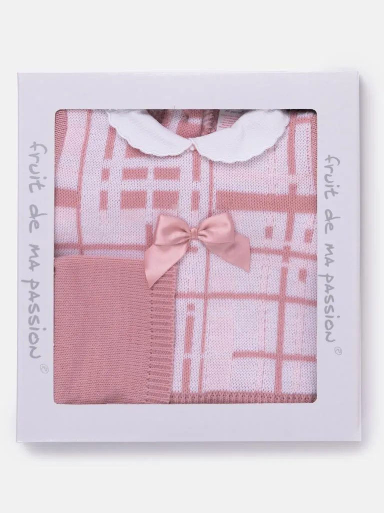 Baby Girl 3-piece Check Knit Gift Box Set - Dusty Pink