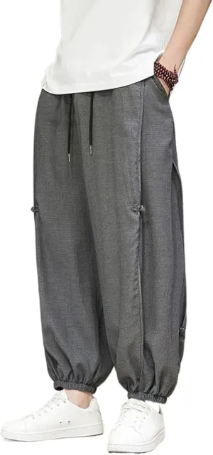 Chinese Style Summer Harem Pants Men Disc Buckle Ice Silk Loose Straight Leg Pants Elastic Waist Trousers