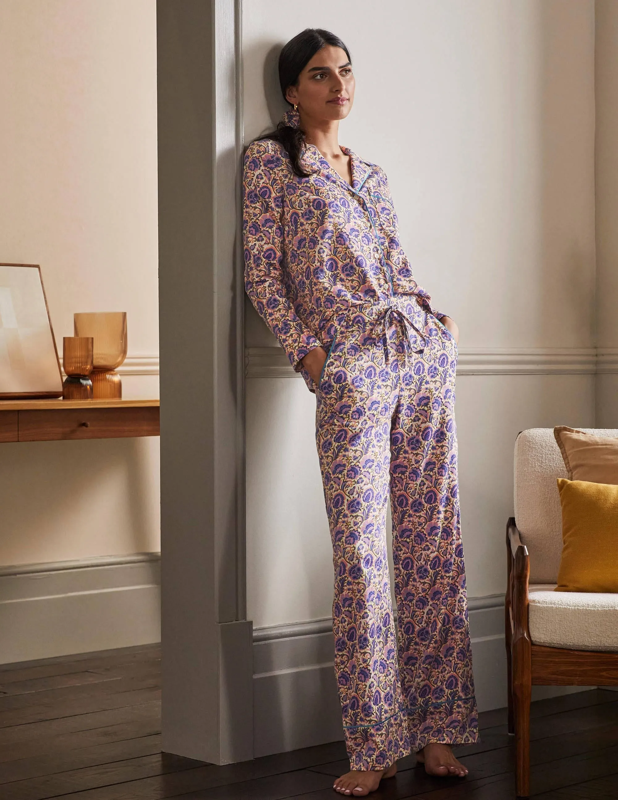 Cotton Pyjama Trousers-Ivory, Rich Floral