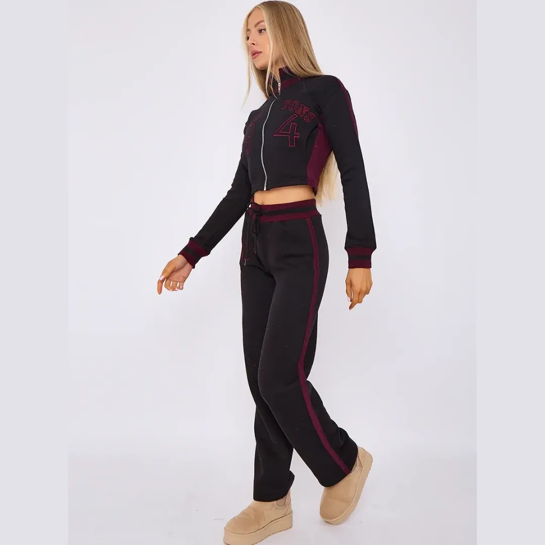 Embroidered Hampton Zip Up Cropped Top & Jogger Fleece Tracksuit