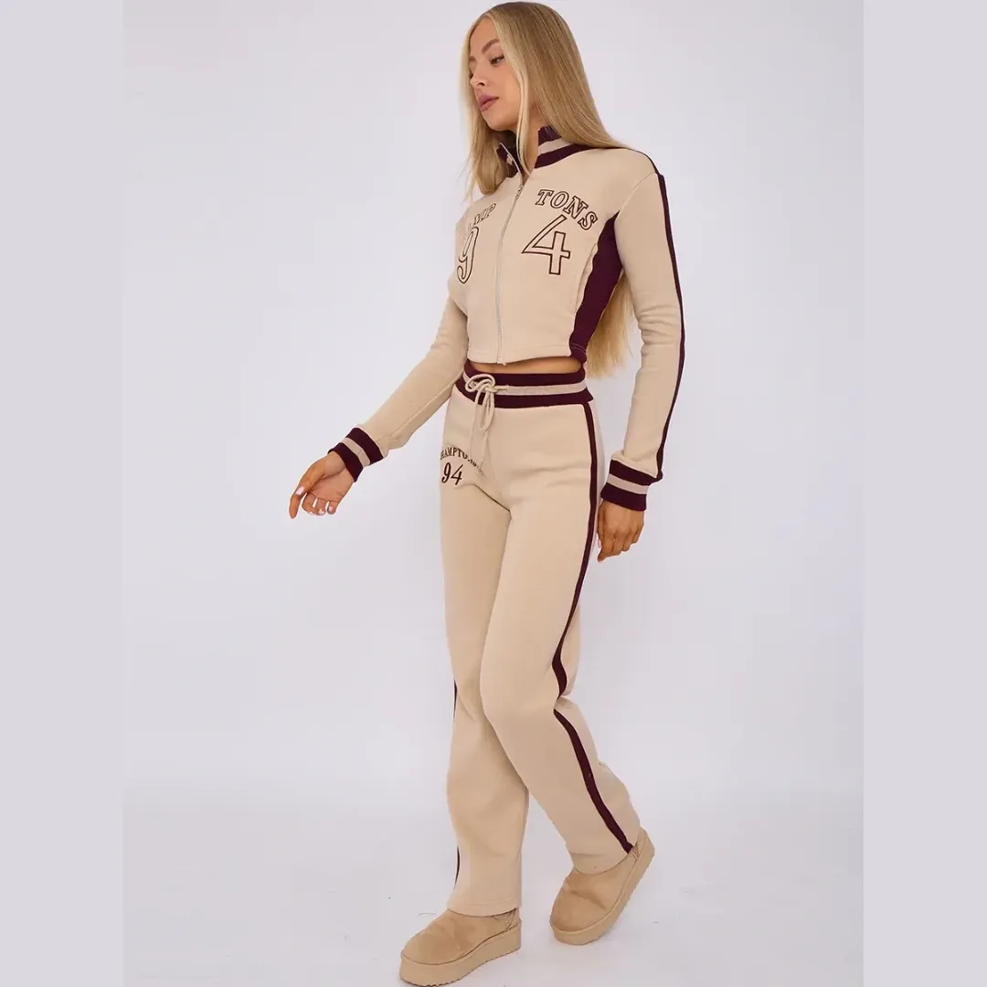 Embroidered Hampton Zip Up Cropped Top & Jogger Fleece Tracksuit