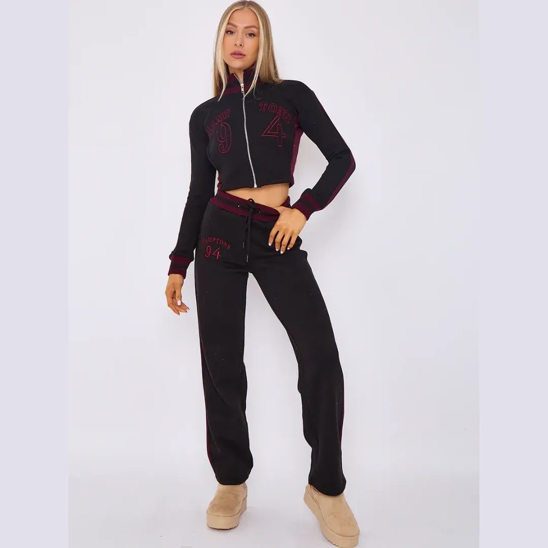 Embroidered Hampton Zip Up Cropped Top & Jogger Fleece Tracksuit