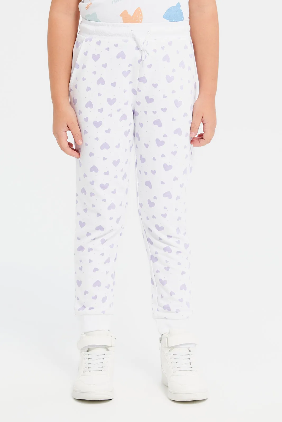 Girls White Heart Printed Track Pants