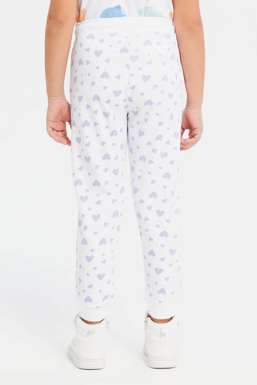 Girls White Heart Printed Track Pants