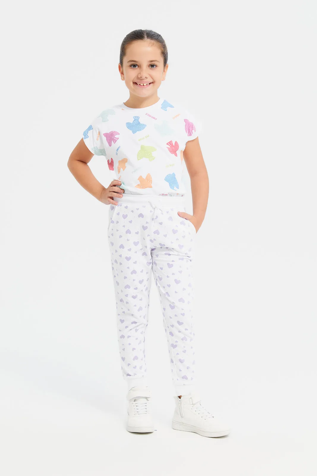 Girls White Heart Printed Track Pants