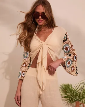 Josia Tie Front Crochet Sleeve Crop Top