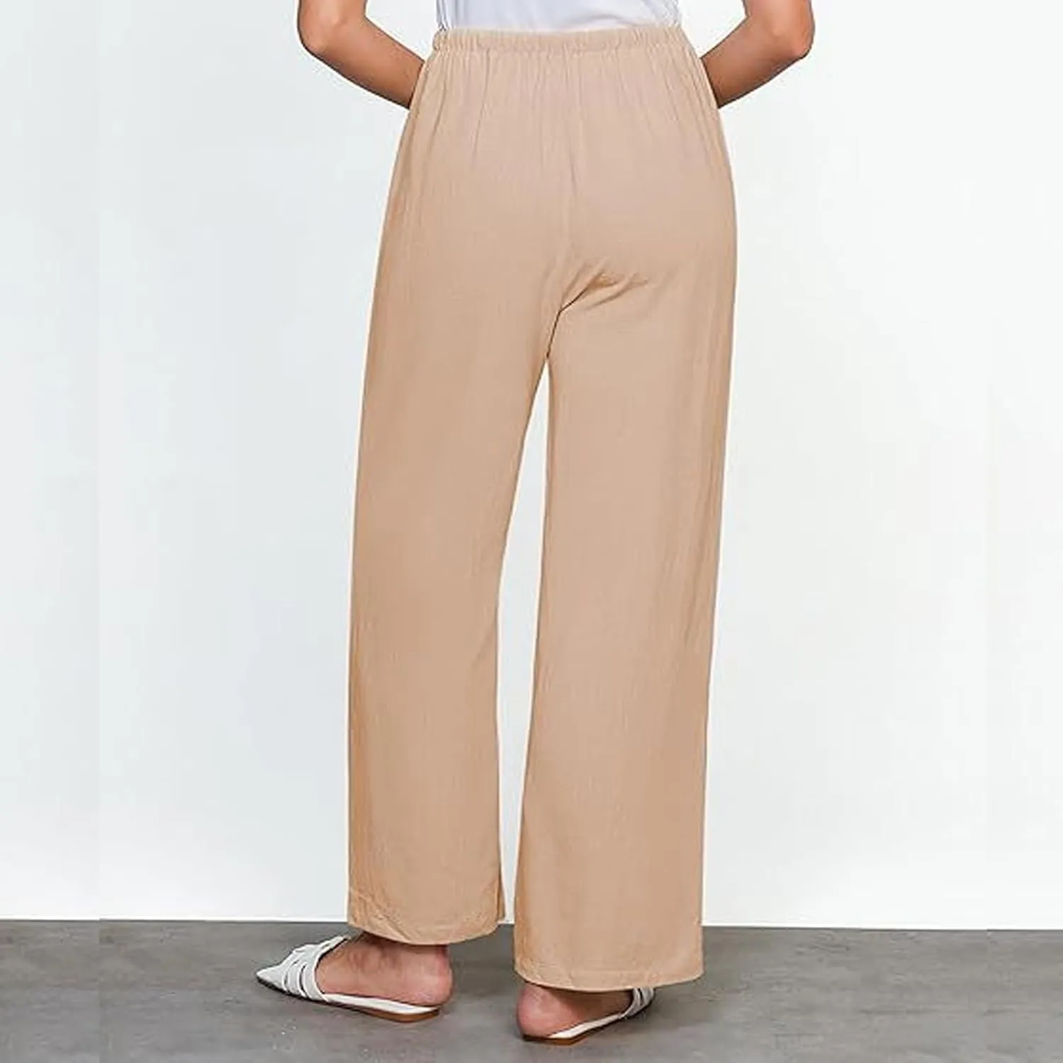 Linen Pants Women High Waisted Wide Leg Casual Beach Pull On Elastic Waist Trousers Summer Cropped Pants with Pockets
