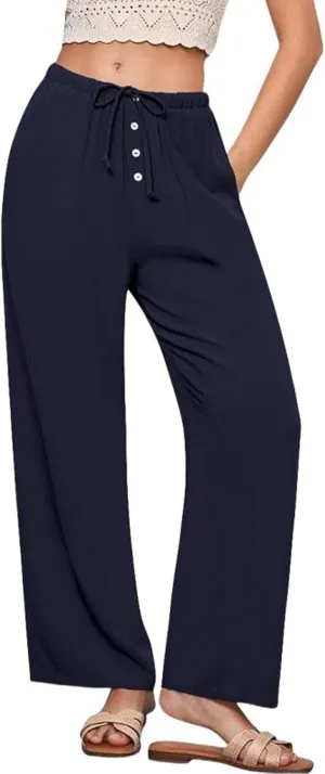 Linen Pants Women High Waisted Wide Leg Casual Beach Pull On Elastic Waist Trousers Summer Cropped Pants with Pockets