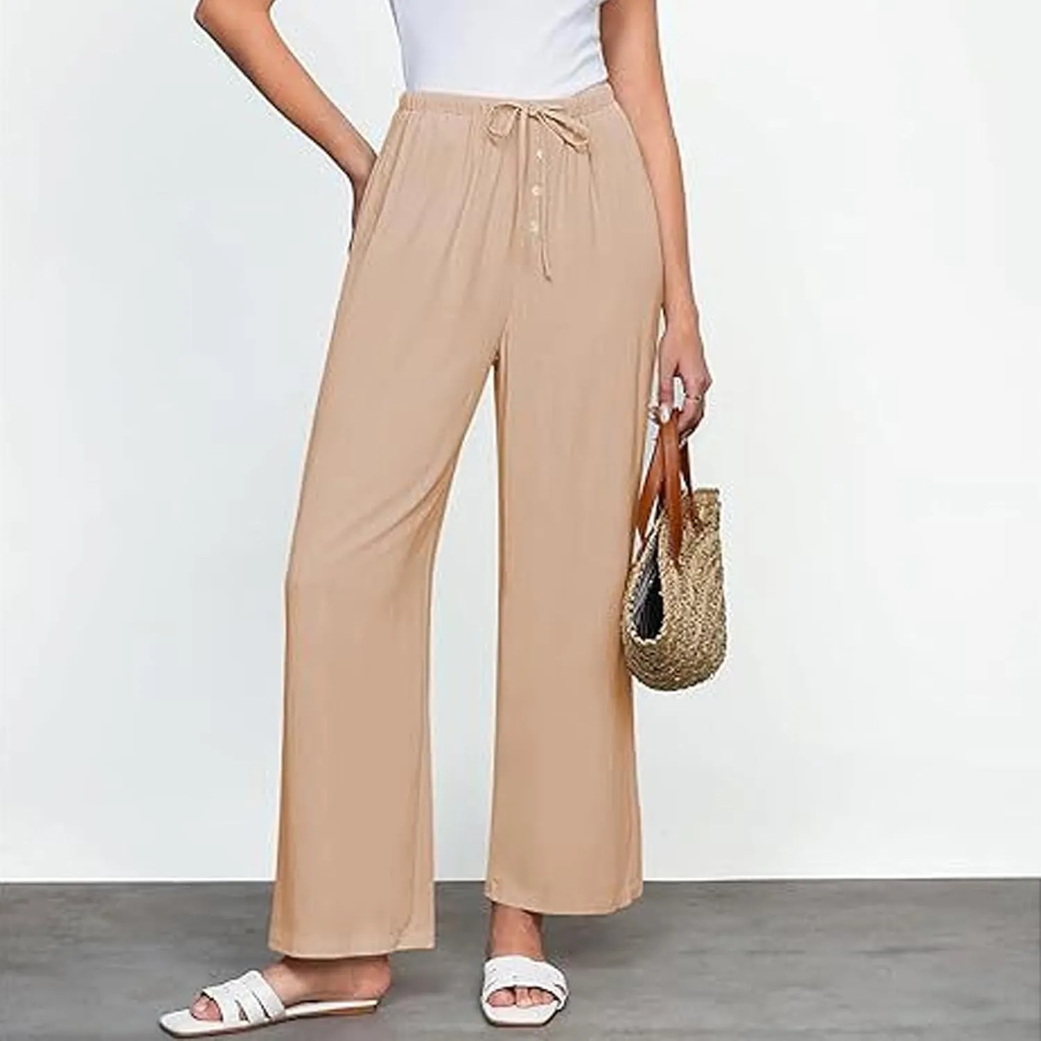 Linen Pants Women High Waisted Wide Leg Casual Beach Pull On Elastic Waist Trousers Summer Cropped Pants with Pockets