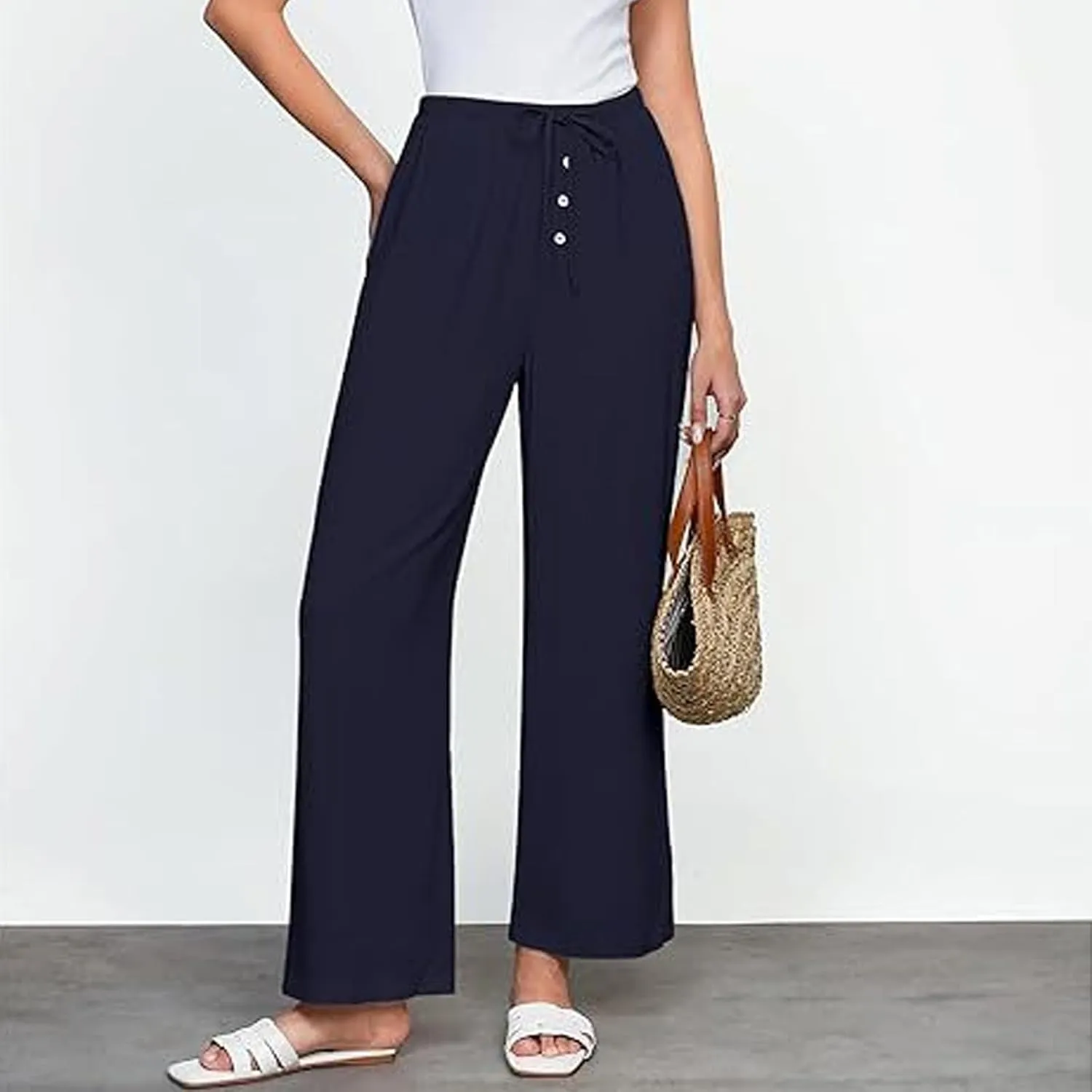 Linen Pants Women High Waisted Wide Leg Casual Beach Pull On Elastic Waist Trousers Summer Cropped Pants with Pockets