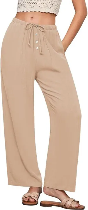 Linen Pants Women High Waisted Wide Leg Casual Beach Pull On Elastic Waist Trousers Summer Cropped Pants with Pockets