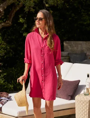 MARY Washed Linen Shirt Dress in Hot Pink