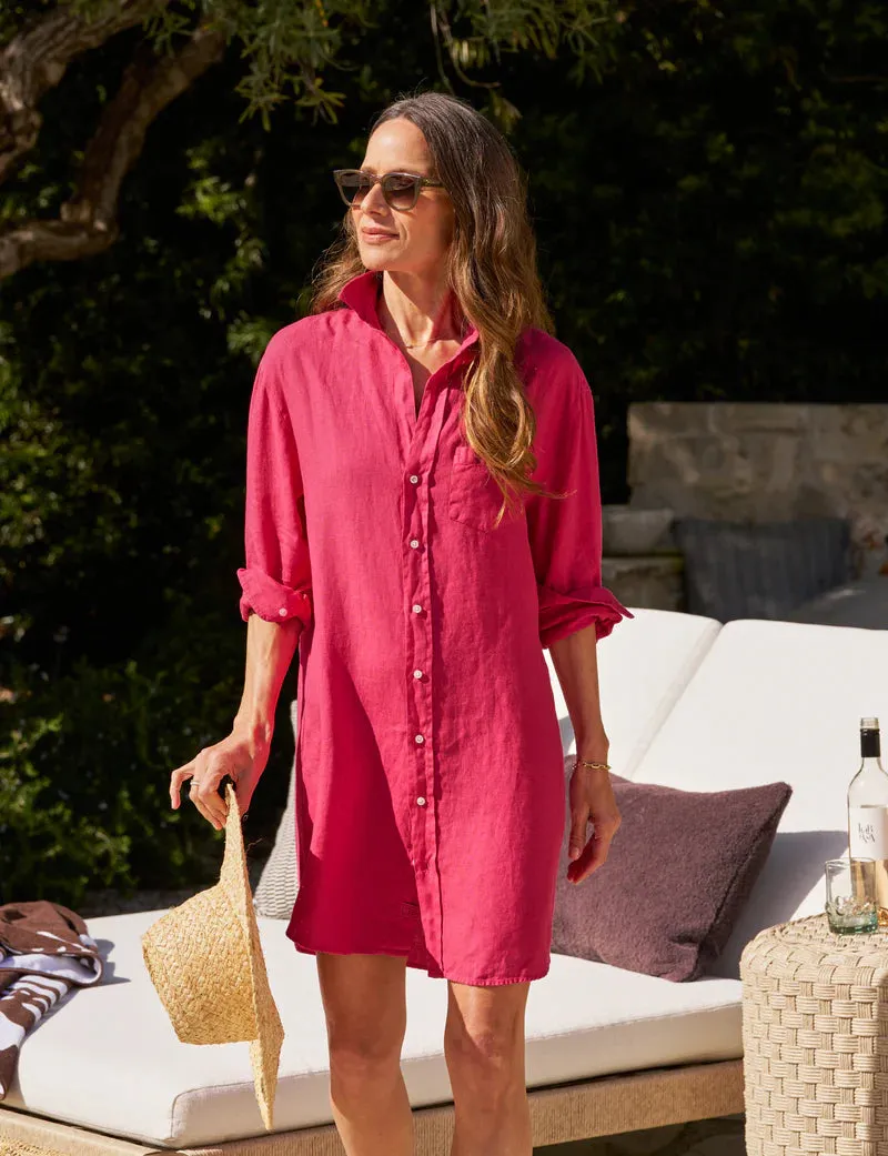 MARY Washed Linen Shirt Dress in Hot Pink