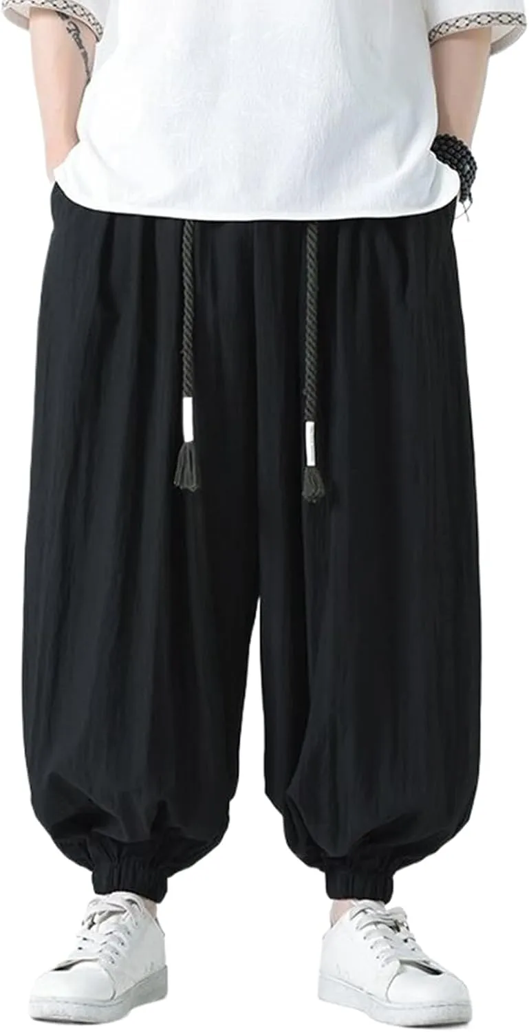 Men's Summer Thin Cotton-Linen Pants,Chinese Style Casual Pants,Plus Size Loose Lantern Pants,Harem Pants