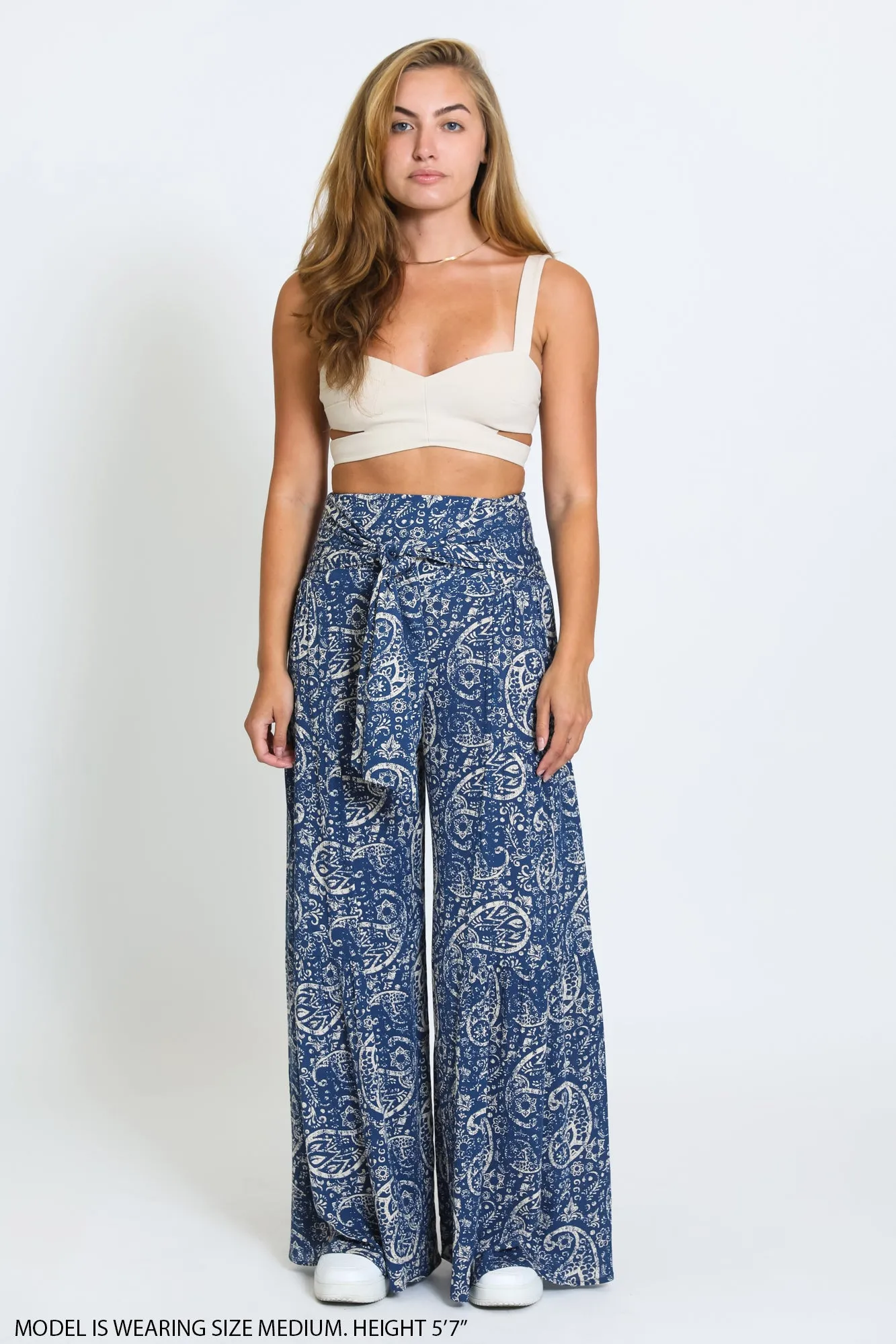 TIE WAIST TIERED WIDE LEG PANT - NAVY