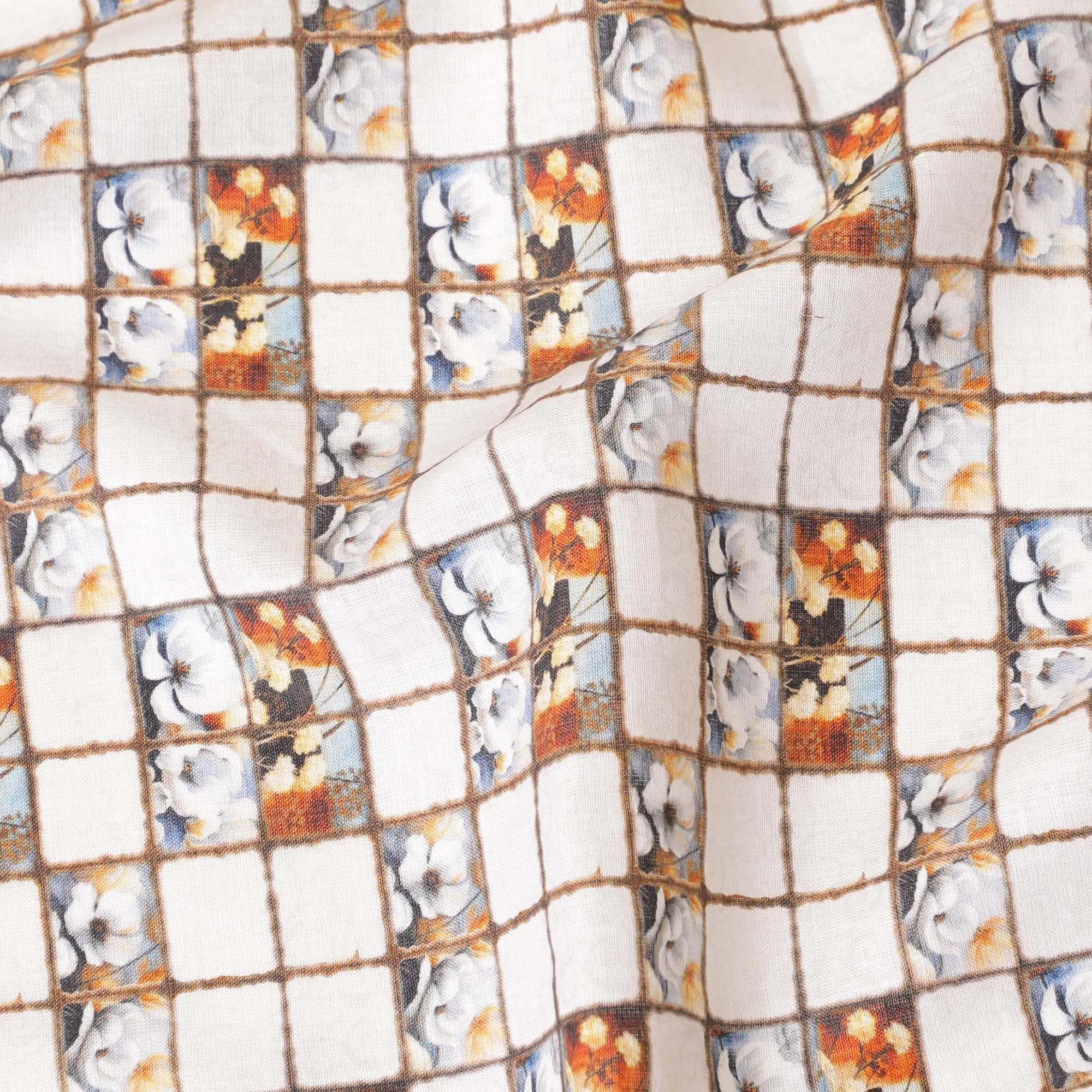 White blended linen fabric with multicolor print in floral design-D8894