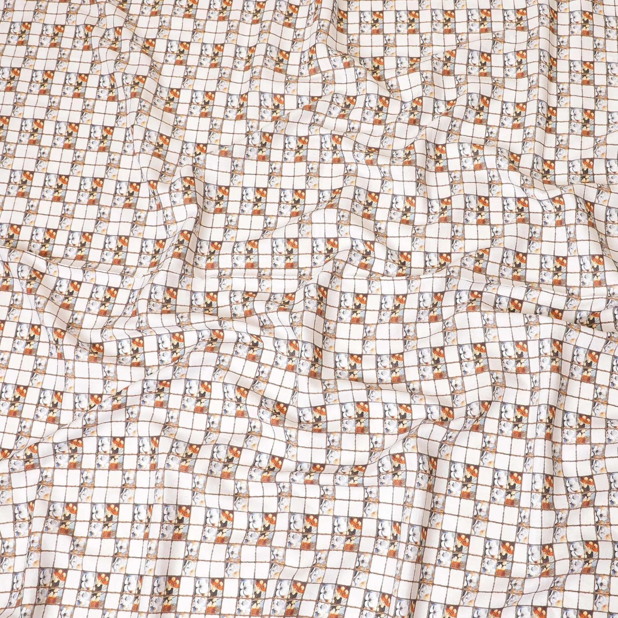 White blended linen fabric with multicolor print in floral design-D8894