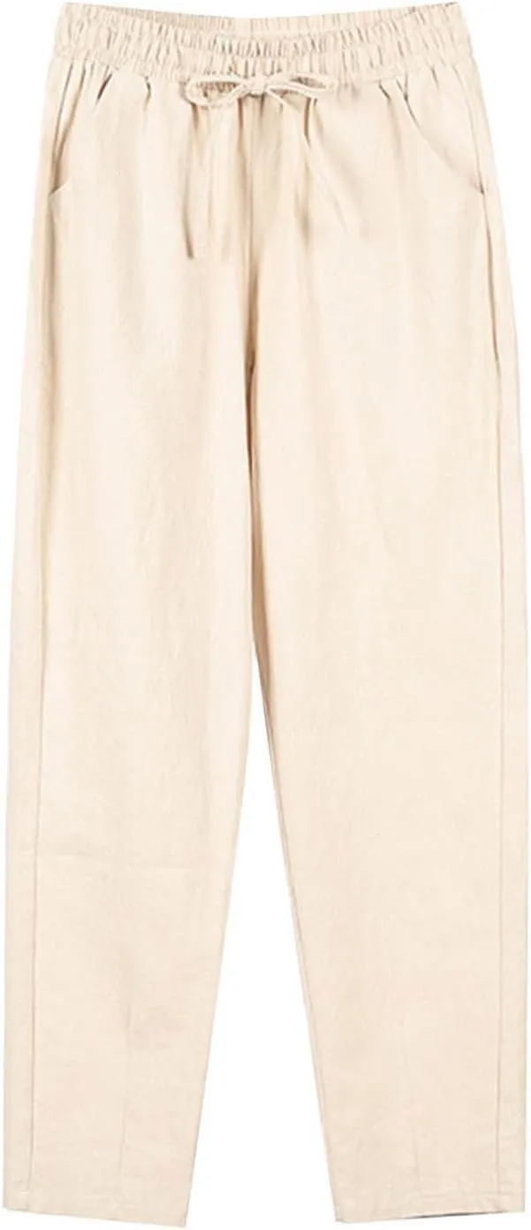 Wide Leg Linen Pants Women Hight Elastic Waisted Palazzo Pants Breathable Vacation Summer Casual Beach Trousers