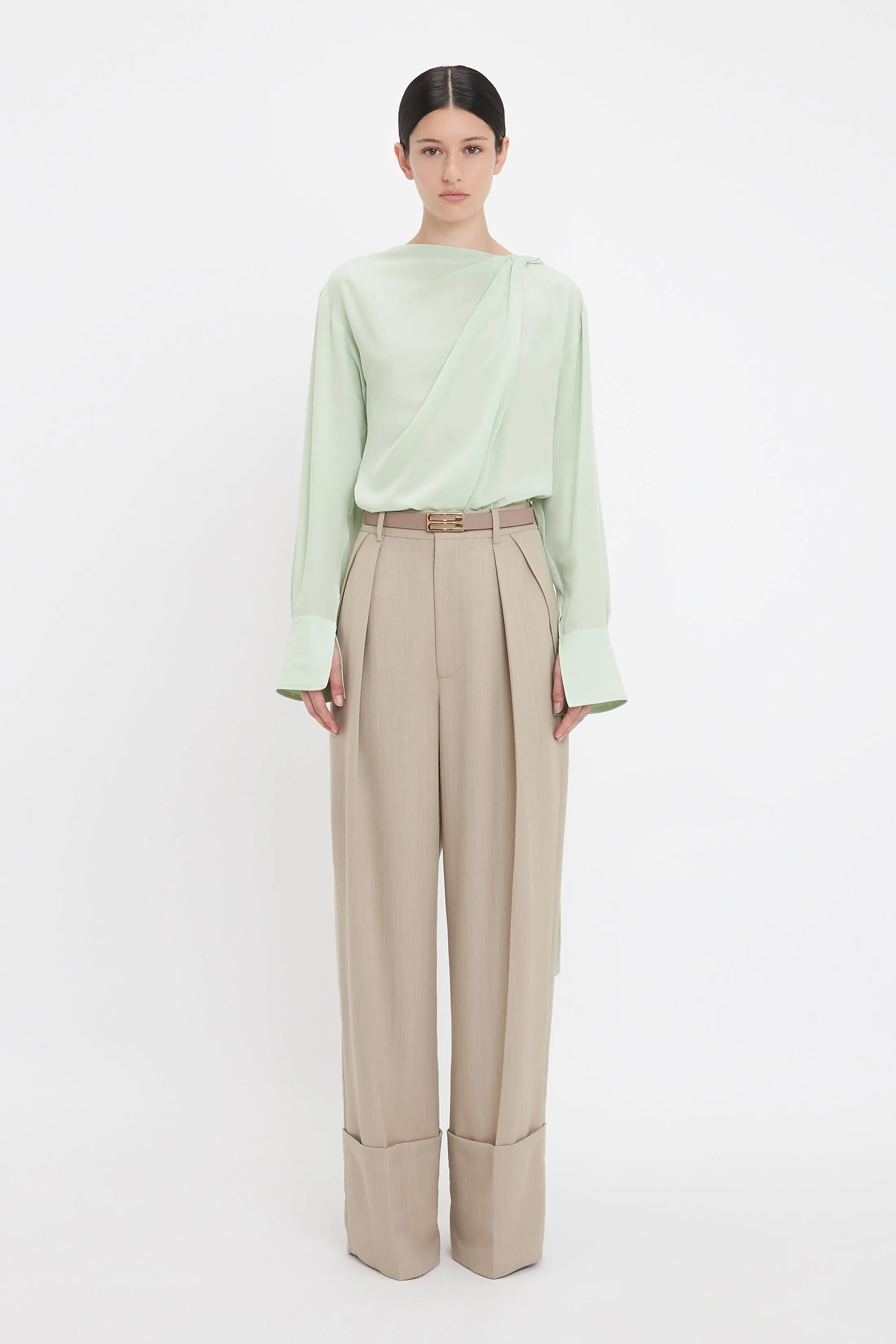 Wide Leg Turn-Up Trouser In Almond