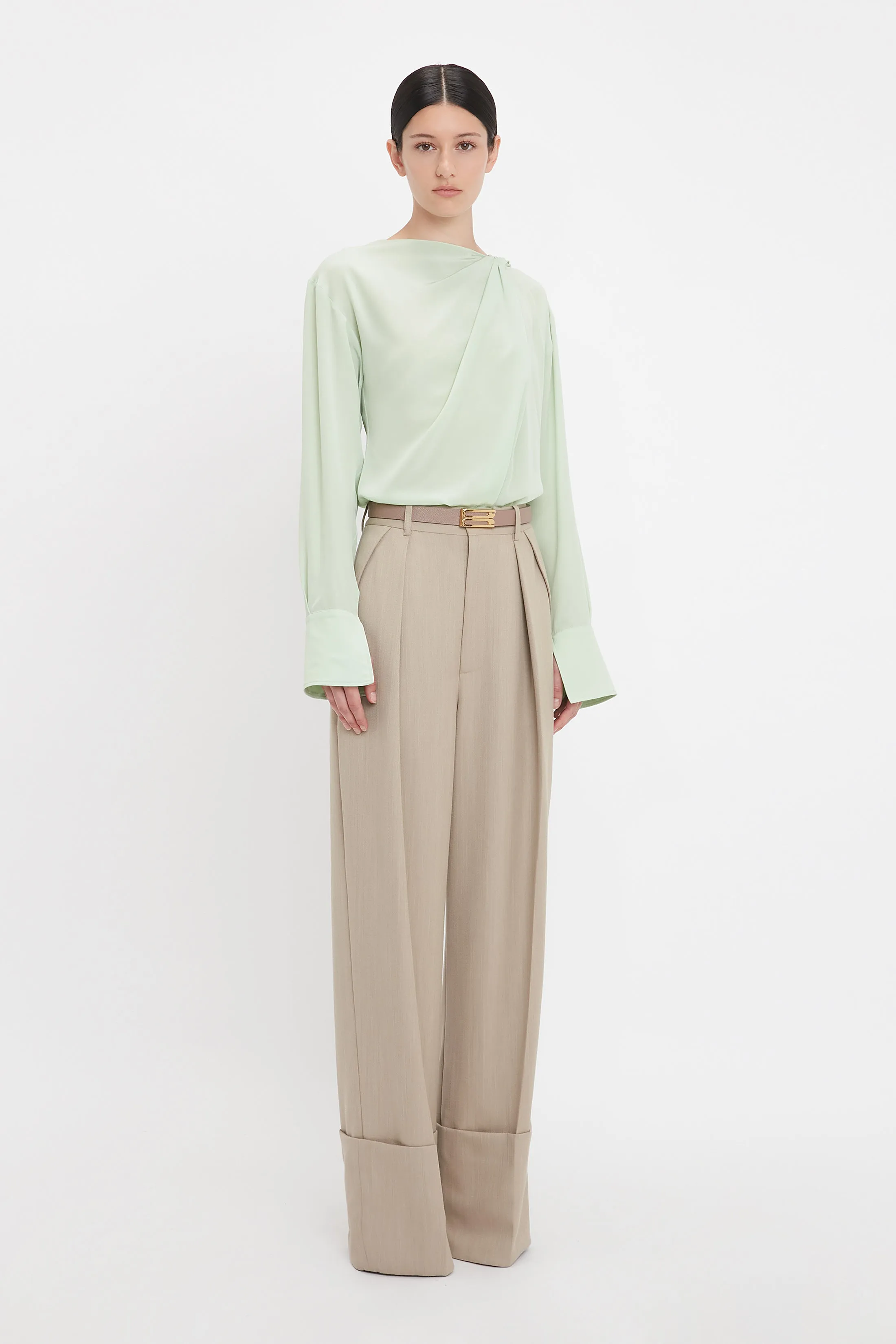 Wide Leg Turn-Up Trouser In Almond