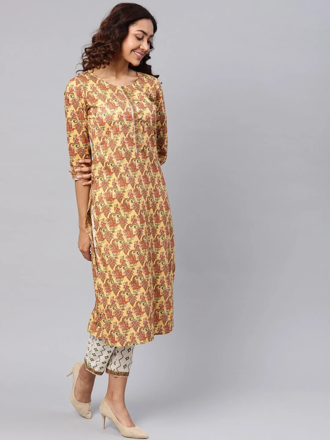 Women Mustard Yellow & Off-White Printed Dupatta Set
