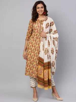 Women Mustard Yellow & Off-White Printed Dupatta Set