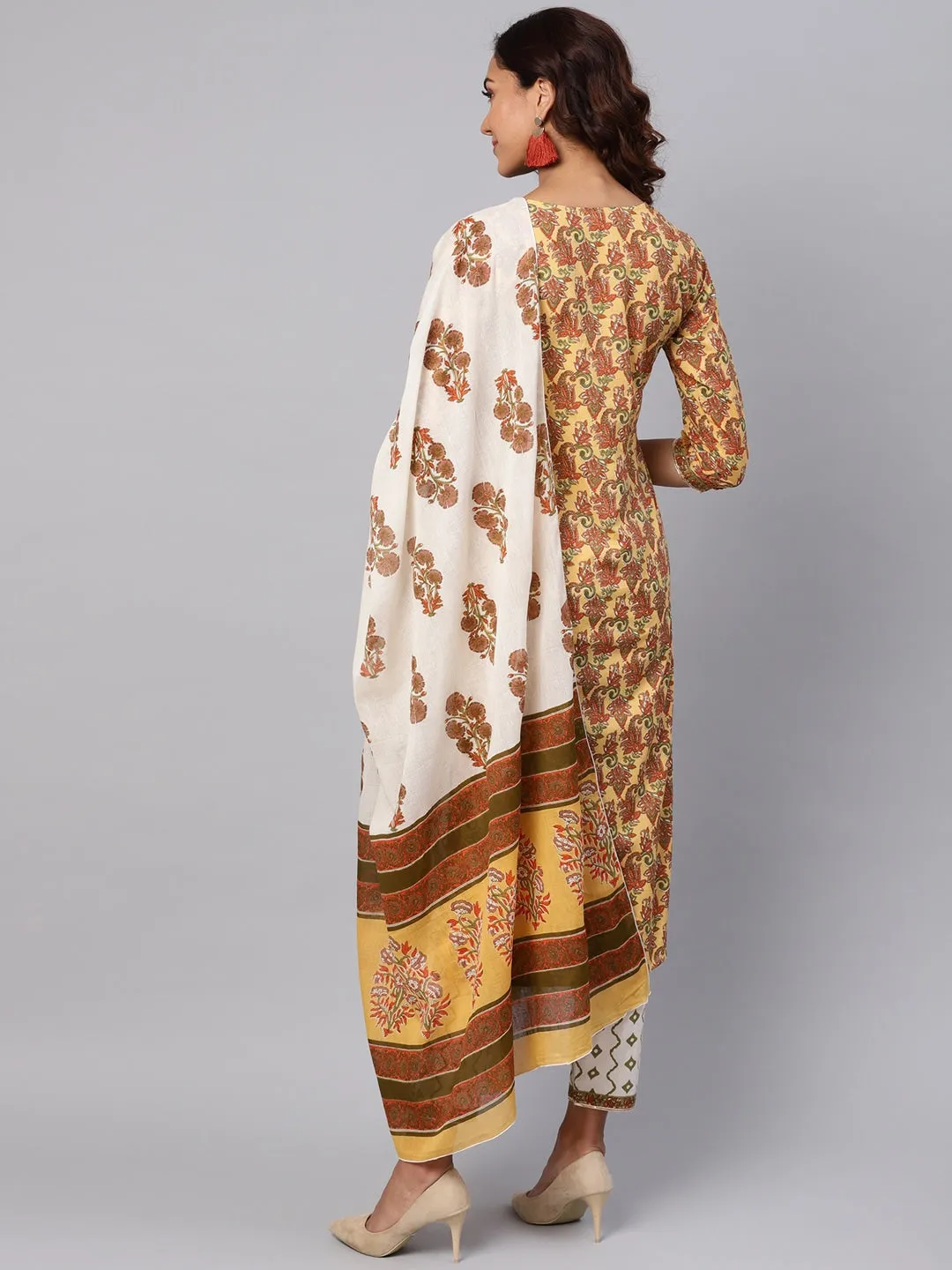 Women Mustard Yellow & Off-White Printed Dupatta Set