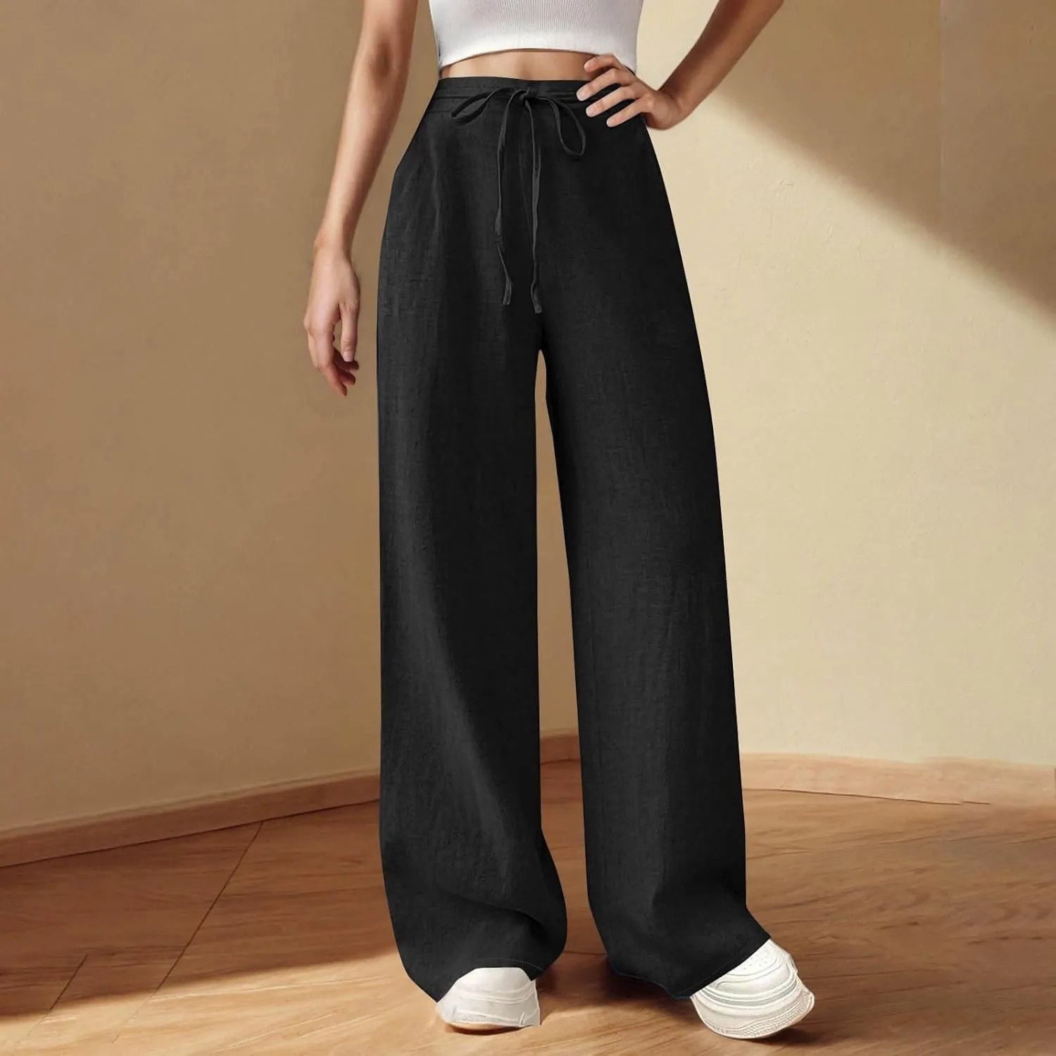 Womens Baggy Cotton Linen Trousers Summer Casual Solid Beach Resort Pants Elastic High Waist Drawstring Wide Leg Pant