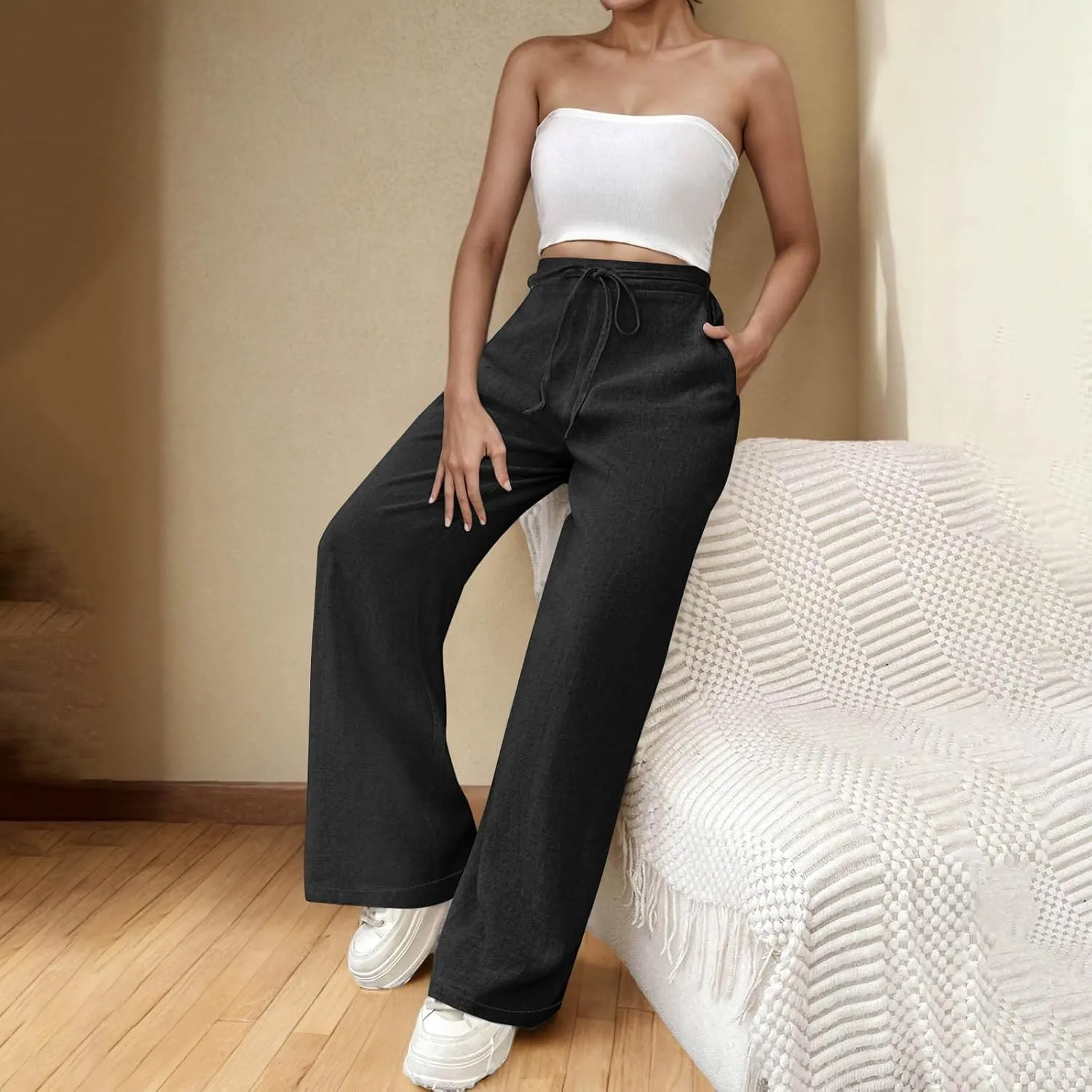 Womens Baggy Cotton Linen Trousers Summer Casual Solid Beach Resort Pants Elastic High Waist Drawstring Wide Leg Pant