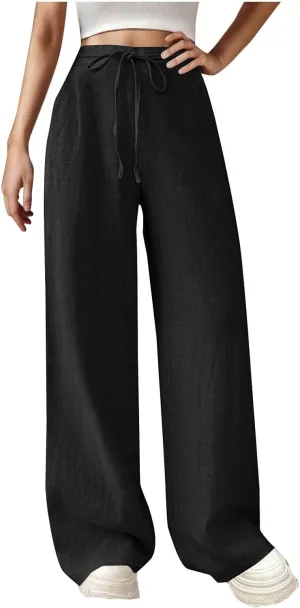 Womens Baggy Cotton Linen Trousers Summer Casual Solid Beach Resort Pants Elastic High Waist Drawstring Wide Leg Pant