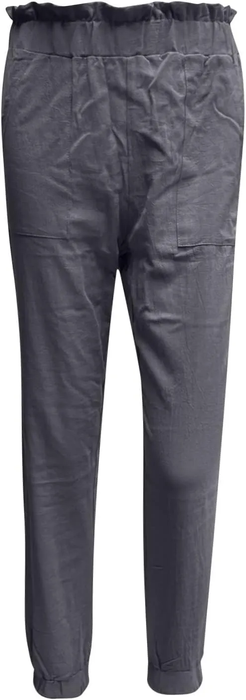 Women's Cotton Linen Tapered Leg Pants Elastic Drawstring Casual Trousers Summer Beach Lounge Cargo Pants with Pockets