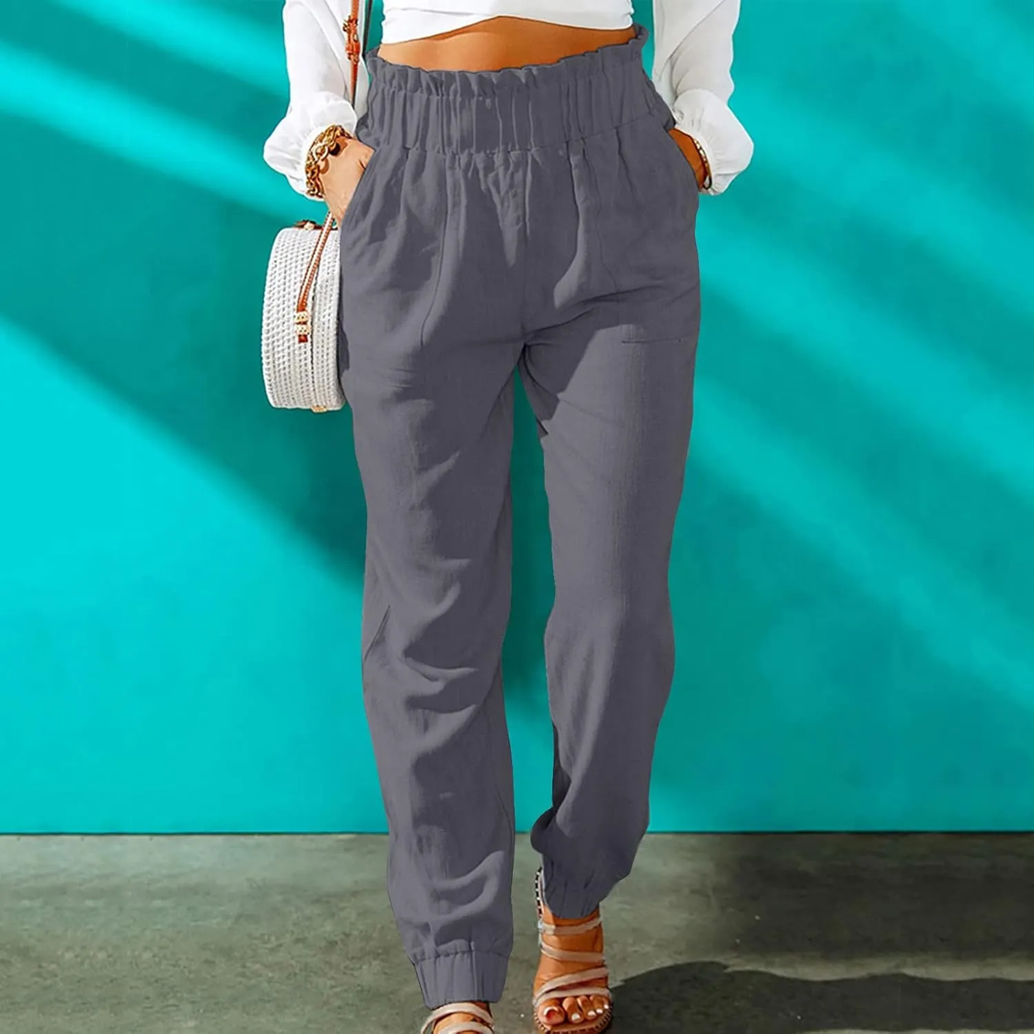 Women's Cotton Linen Tapered Leg Pants Elastic Drawstring Casual Trousers Summer Beach Lounge Cargo Pants with Pockets