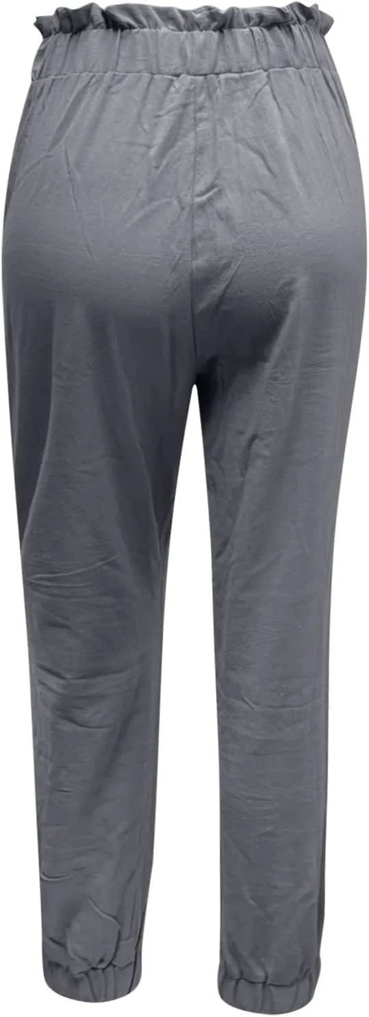 Women's Cotton Linen Tapered Leg Pants Elastic Drawstring Casual Trousers Summer Beach Lounge Cargo Pants with Pockets