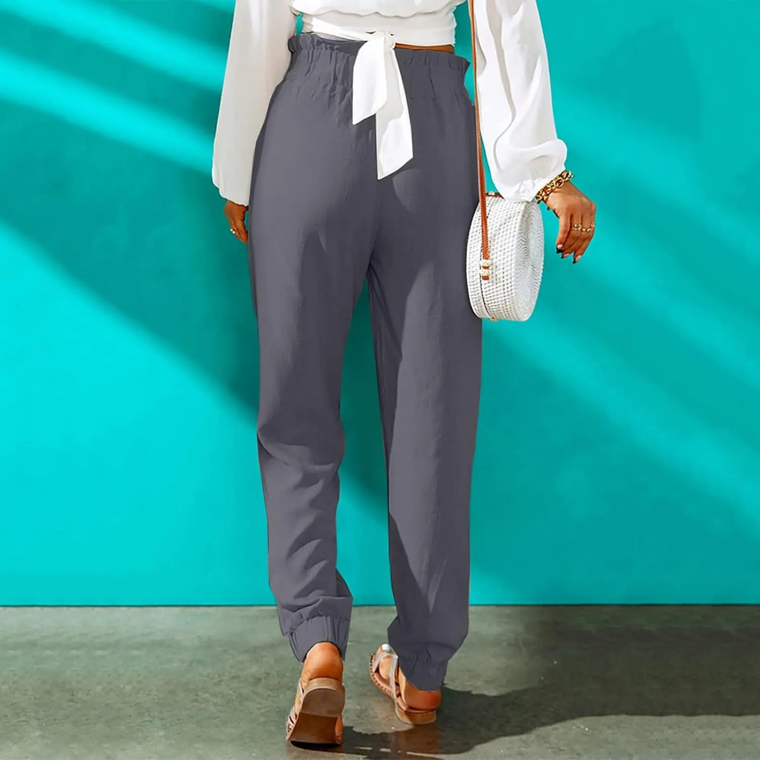 Women's Cotton Linen Tapered Leg Pants Elastic Drawstring Casual Trousers Summer Beach Lounge Cargo Pants with Pockets