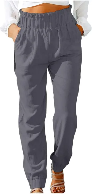 Women's Cotton Linen Tapered Leg Pants Elastic Drawstring Casual Trousers Summer Beach Lounge Cargo Pants with Pockets