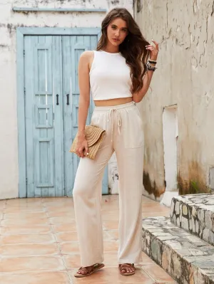 Womens Linen WideLeg Drawstring Beach Pants with Pockets- By Lustmia