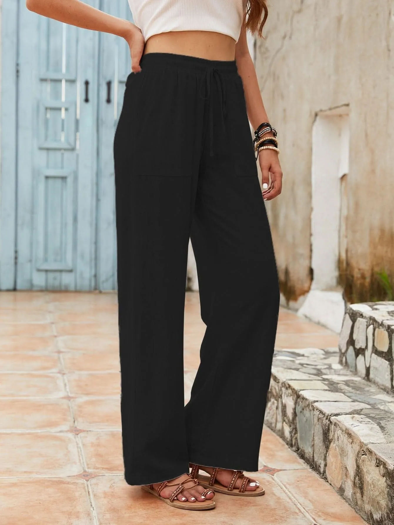 Womens Linen WideLeg Drawstring Beach Pants with Pockets- By Lustmia