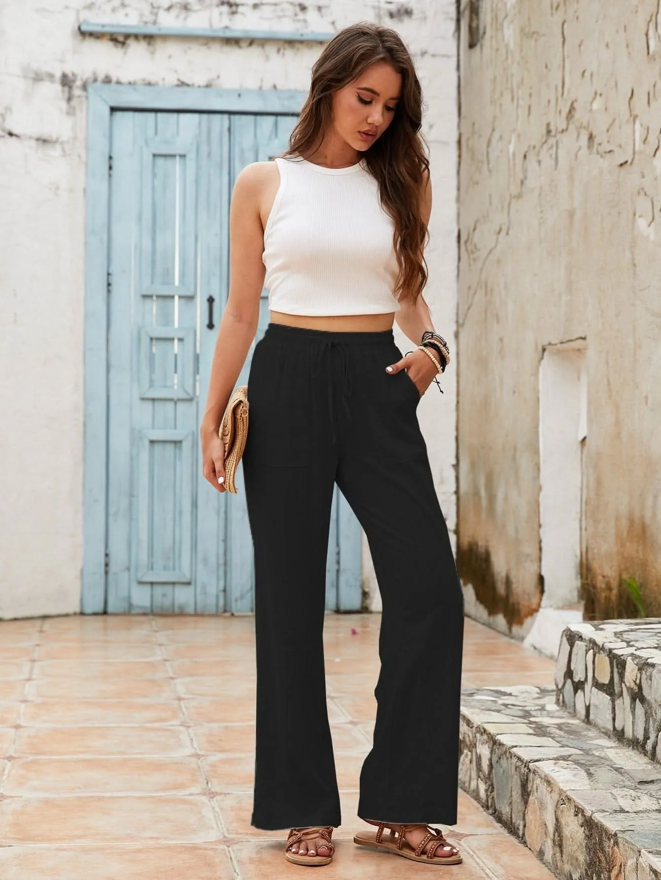 Womens Linen WideLeg Drawstring Beach Pants with Pockets- By Lustmia